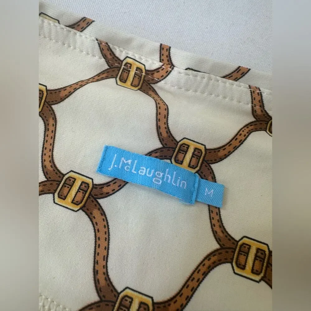J. McLaughlin Cream and Brown Belt Pattern Pants Catalina Cloth Size Medium EUC